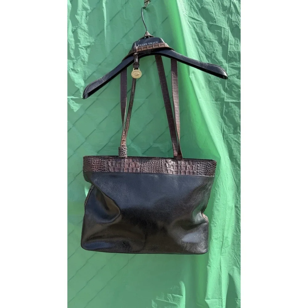 Brahmin Black‎ Brown Leather Tote Bag Croc Embossed Shoulder Purse